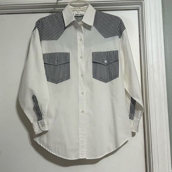 Cristina Button-Up Shirt Women's Small Blue & White Long Sleeve Striped Trim - Picture 9 of 10